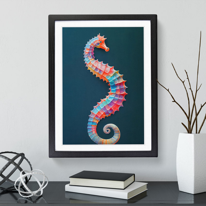 Seahorse In Colour No.4 - Single Picture Frame Painting, 64cm H x 46cm W x 2cm D, Black Framed