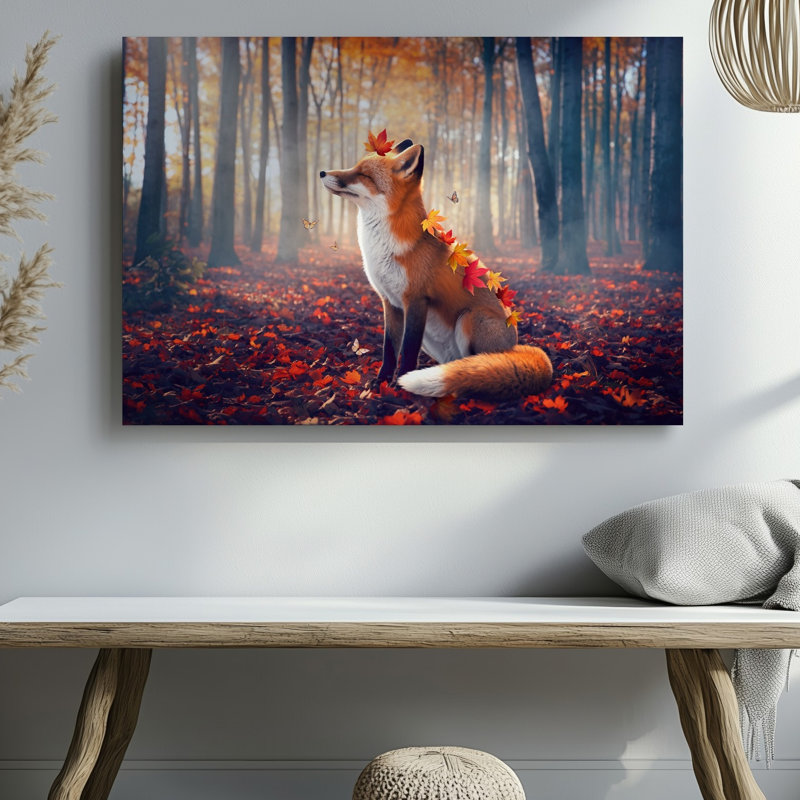 Toile, scène animée sereine avec un renard assis gracieusement au milieu d'un art mural, H 18 po x l 24 po