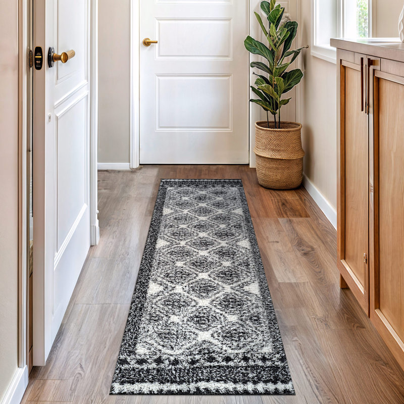 Tapis blanc à poils longs à motif géométrique - facile à nettoyer, facile à nettoyer, Runner 2'2" x 8'
