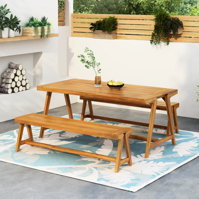 Table de pique-nique extérieure avec bancs pour l'extérieur, salle à manger de patio contemporaine en bois, compacte pour balcon, terrasse, camping, table spacieuse, conception à lattes élégante