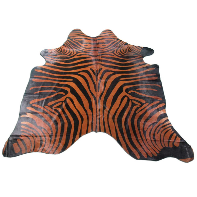 Reverse Zebra Print Handmade Cowhide Brown and Black Rug
