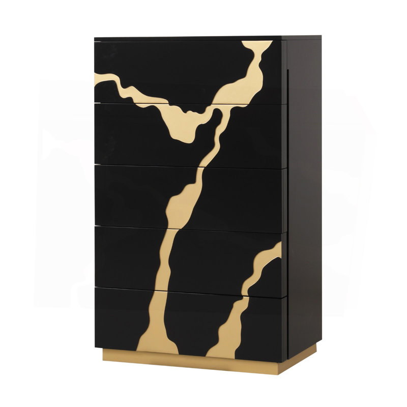 Commode 1 pièce de style contemporain à 5 tiroirs à queue d'aronde anglaise avec motif de glissières à roulement à billes et finition dorée