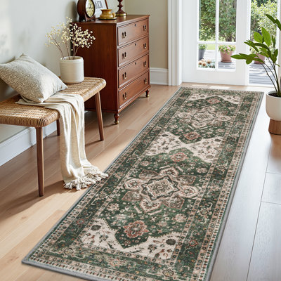Soft Oriental Vintage Washable Distressed Hallway Runner Rug - Green