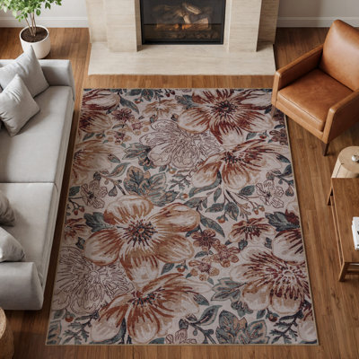 Botanical Bloom Coastal Blue Machine Washable Polyester Non-Slip Backing Area Rug