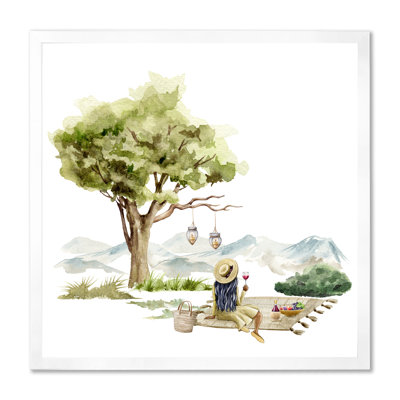 Jeune fille assise avec un verre de vin sous un arbre - impression d'art sur toile