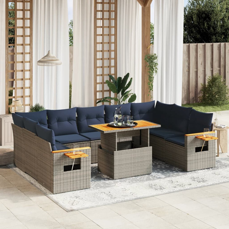  Ensemble de canapé de patio 10 pièces avec coussins en rotin de polyester, Gris, Bleu