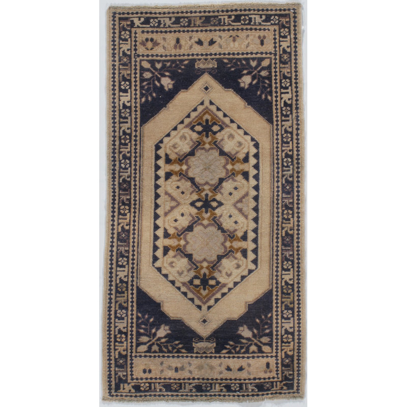 Tapis unique en laine noué à la main de style années 1950 1 pi 9 po x 3 pi 7 po ivoire