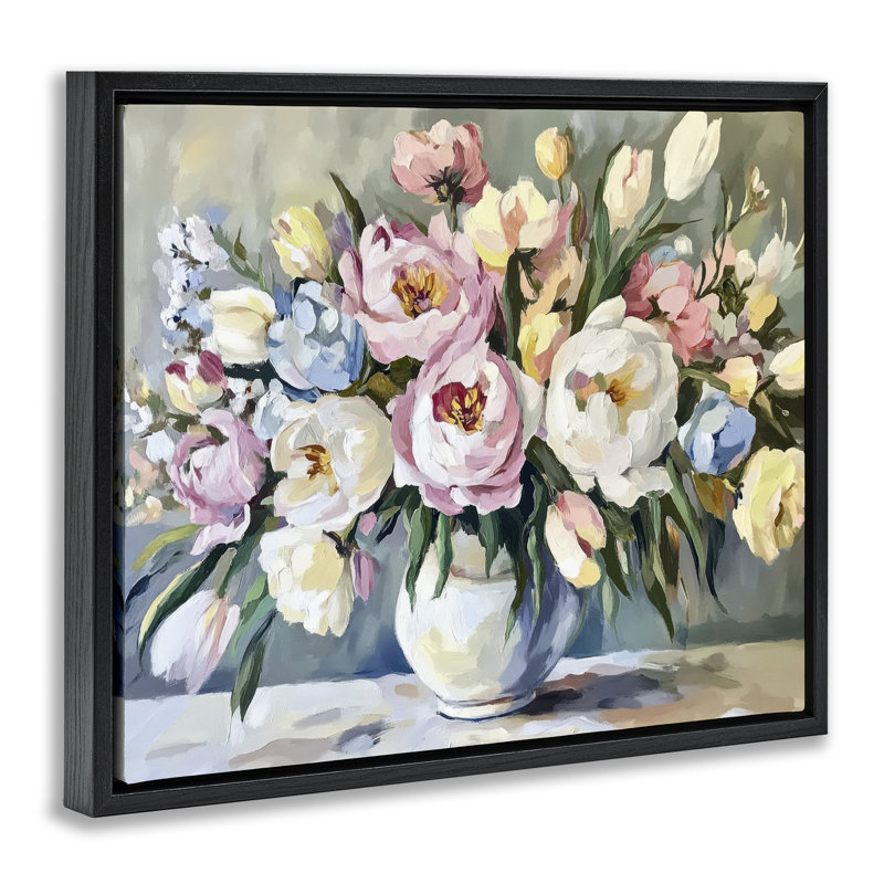 Cadre flottant Pastel Peony Bunch Bouquet, design par Petal Prints Design, Cadre flottant noir de jais, H 17 po x l 21 po
