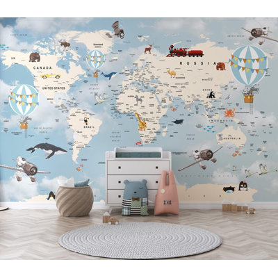 Blue Kids World Map Wall Mural | Explorers Hot Air Balloon Map Wallpaper | Non-Woven or Peel and Stick