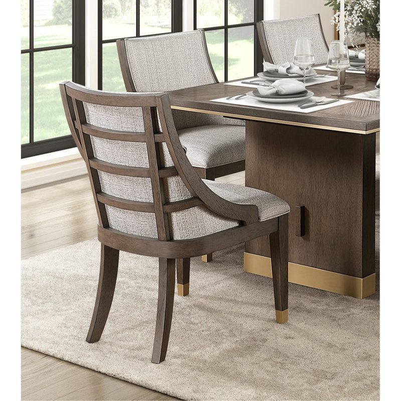 Ensemble de salle à manger moderne et luxueux avec finition brune 7 pièces et 6 fauteuils à garniture dorée