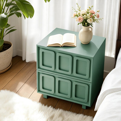 Farmhouse 2-Drawer Nightstand with Geometric Texture, Green