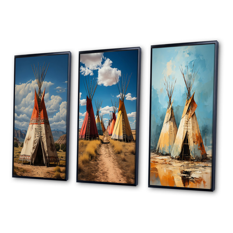«Coral Native Tipi Sage Wisdom», 3 pièces sur toile, Cadre flottant noir, H 28 po x l 36 po