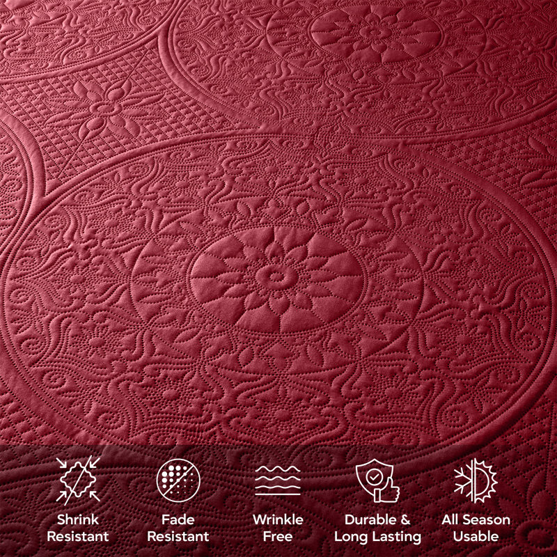 Floral Embossed Quilted California King 3-Pieces Bedspread Set With Pillow Shams – Lightweight & Machine Washable, Burgundy
