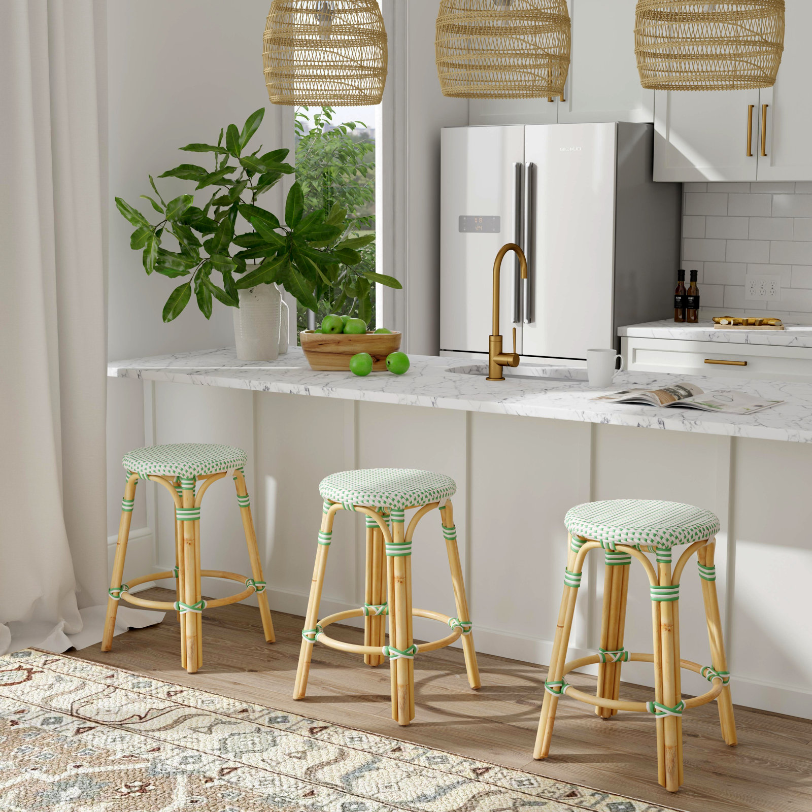Alastair Bar & Counter Stool, Counter Stool (24" Seat Height), White/Green Dot/Natural Rattan Frame