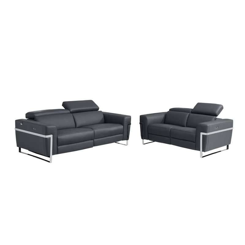 Ensemble de canapé et causeuse inclinable électrique en cuir italien Weems, Cuir véritable noir