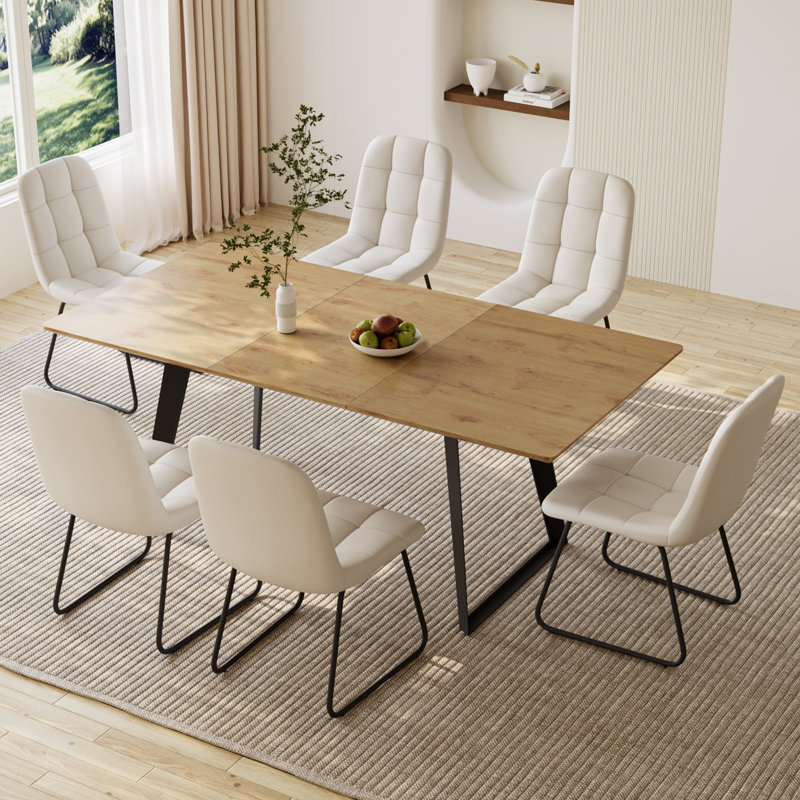7-Piece Extendable Kitchen Dining Table with 6 Modern Dining Chairs, White, Yellow