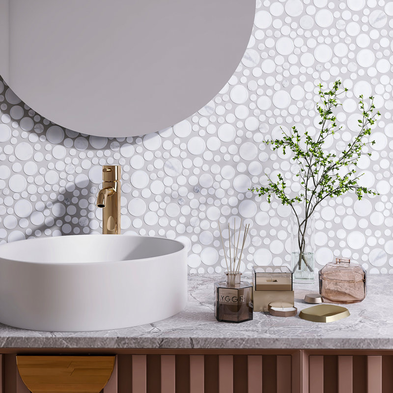 10.5" x 10.5" Bubble Art Random Marble Look Mosaic Wall Tile, White