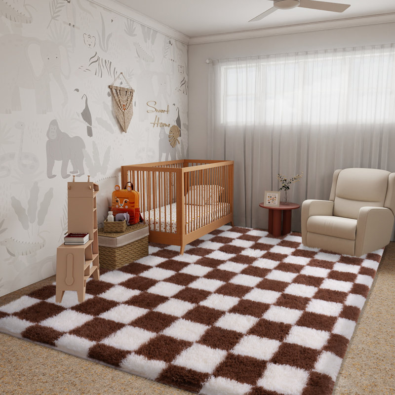 Checkered Fluffy Rug 5x7 Ft Washable Shaggy Fluffy Rug for Bedroom Living Room Plaid Runner Rug Fuzzy Shag Carpet Non-Slip for Kids Toddler Room Nursery Playroom