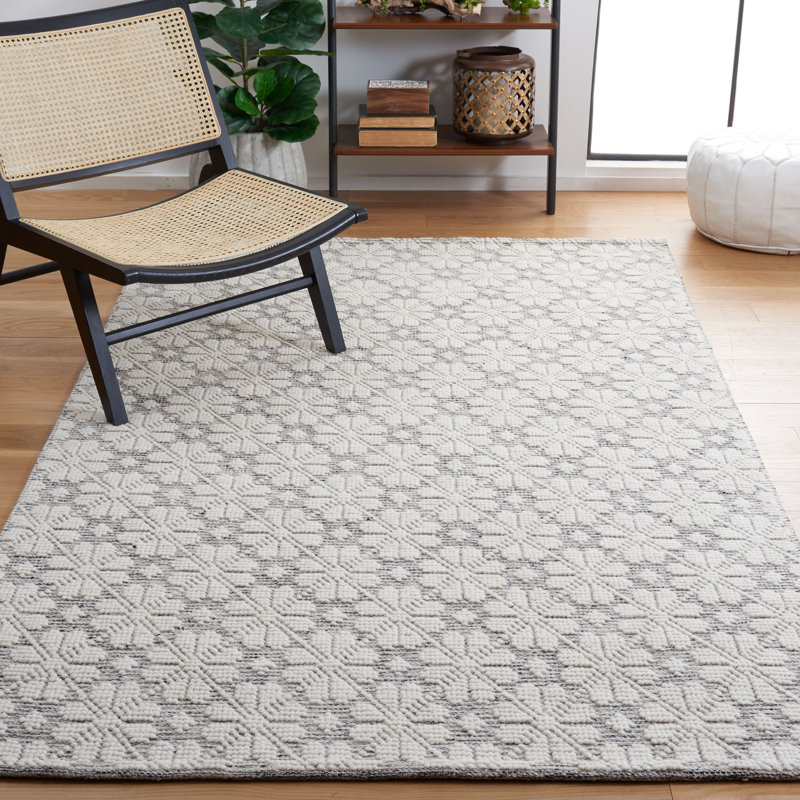 Tapis ivoire / gris en laine tissé à la main Sharene, Rectangle 8 pi x 10 pi