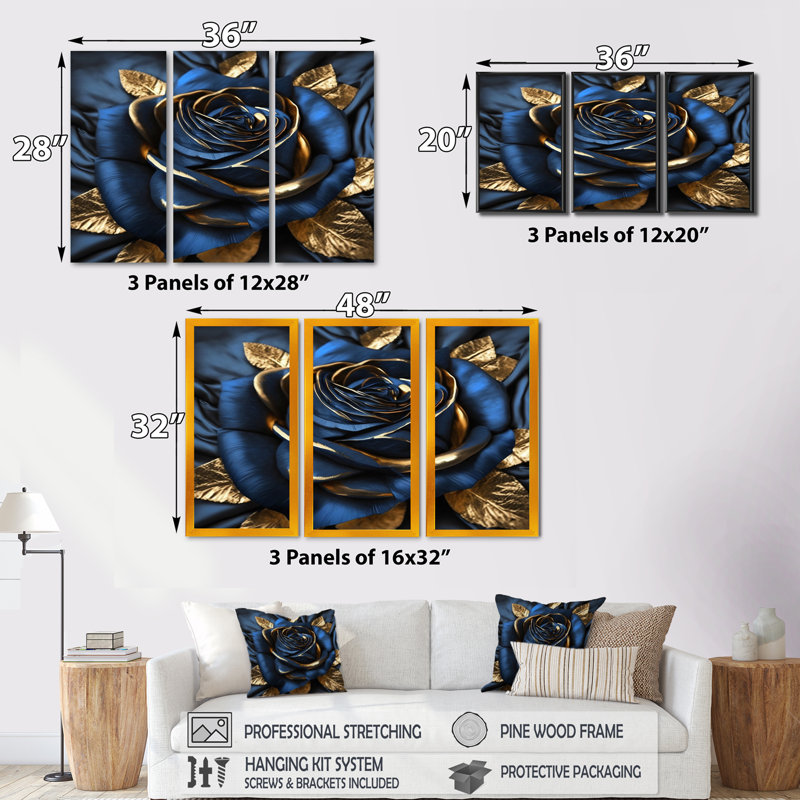 «Gilded Rose In Kings Blue I», impression sur toile tendue de 3 pièces, H 32 po x l 48 po x P 1 po