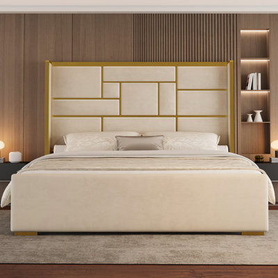 Velvet Upholstered Wingback Platform Bed With Wooden Slats