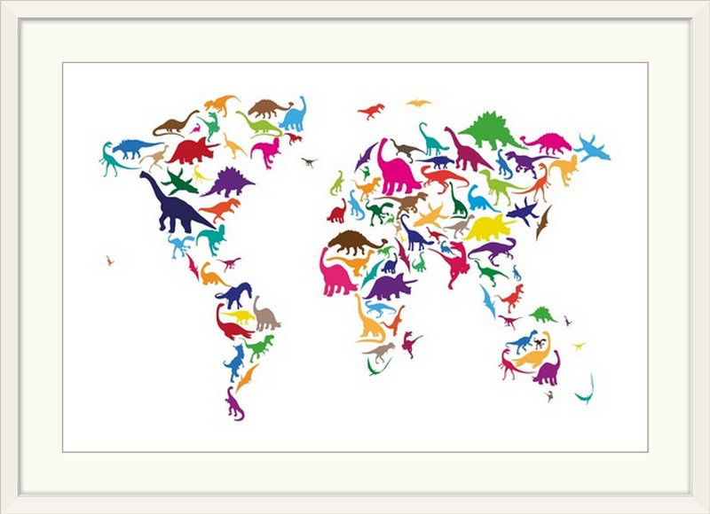 Francy «World Map Dinosaurs» par Abarca, impression, H 28 po x l 38 po x P 1 po, Cadre blanc