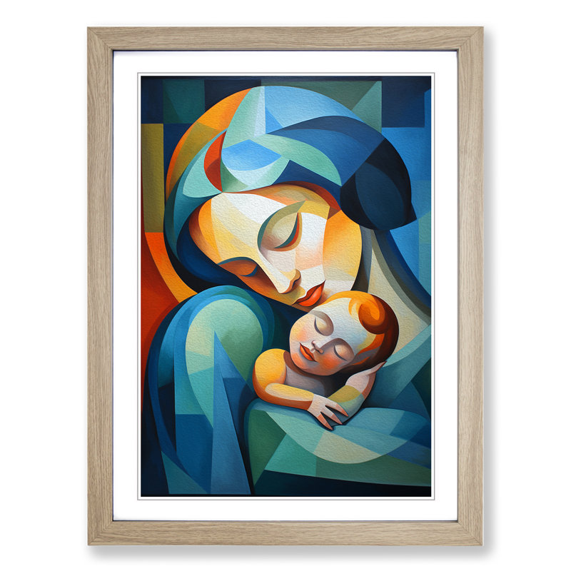 Mother And Baby Cubism No.3 - Single Picture Frame Print on Wood, Oak Framed, 46cm H x 34cm W x 2cm D