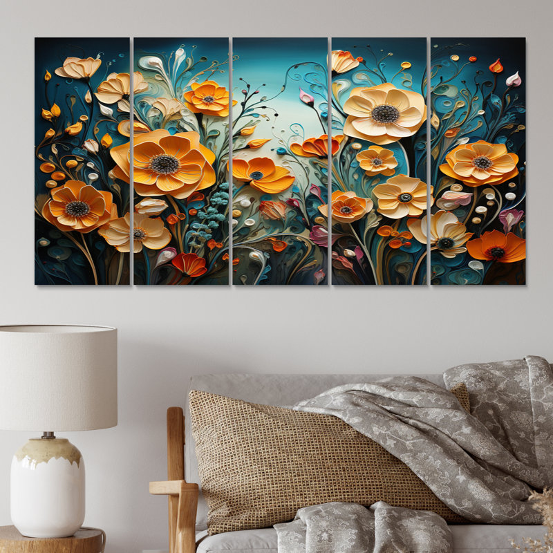 Fleurs jaunes fantaisistes - décoration murale florale - 5 panneaux égaux