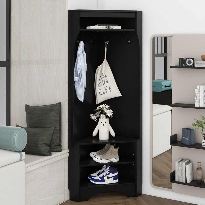 Minimalist Corner Hall Tree With Shoe Bench, Versatile Entryway Coat Rack With 4 Hooks, Corner Cabinet With Adjustable Shelf