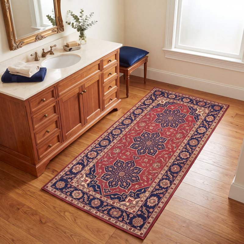 Tapis Myrtle Traditional Medalle de style persan, bleu marine, orange, or, vert, crème, ivoire, lavable à la machine, antidérapant, à poils courts, idéal pour l'intérieur et l'extérieur, adapté aux animaux de compagnie, pour salon, chambre, salle à manger, entrée, couloir, bureau