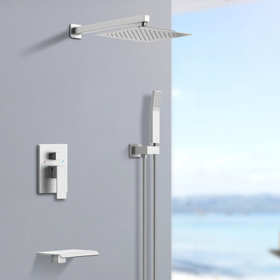 Ensemble de robinet de douche à pluie avec système de douche à pluie Pomme de douche à pluie carrée de 10 pouces avec douchette à main et robinet de baignoire à cascade à pression équilibrée et robinet mélangeur