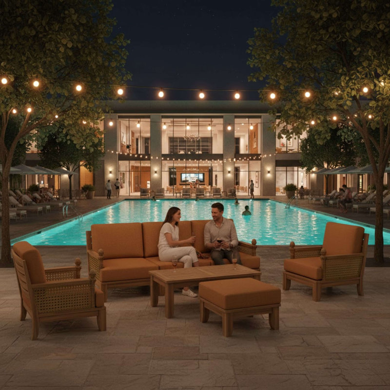 Luxe Outdoor 7 - Piece Teak Conversation Set, Light Beige