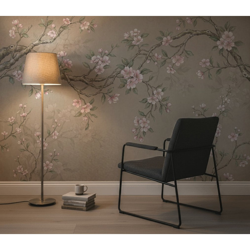 Papier peint fleurs de cerisier, aquarelle et branches de sakura, 100 po x 96 po, Non tissé