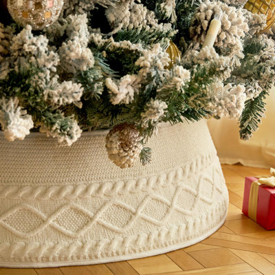 Collier de sapin de Noël pour arbres artificiels, jupe d'arbre de Noël ajustable en tricot de style campagnard - décor rustique blanc crème pour 6 pi 6,5 pi 7 pi 7,5 pi décoration de maison de vacances 2025