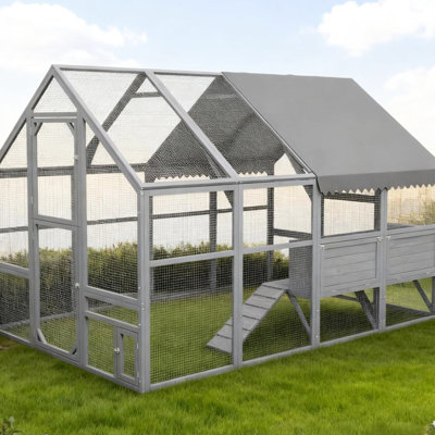 Gray Chicken Coop For Flock Of 8 - 12 Chickens, Cover, Two Person Assembly In Under 180 Minutes, Small Door Automatic Opener Finish, Easy Assembly, Secure Mesh Design, Spacious Run With Nesting Boxes