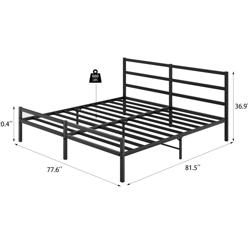 Structure de lit plateforme en métal avec tête de lit pour très grand lit, métal, sans sommier tapissier, sommeil tranquille, cadre de très grand lit de 660 lb, solidité, temps de sommeil silencieux, vue moderne