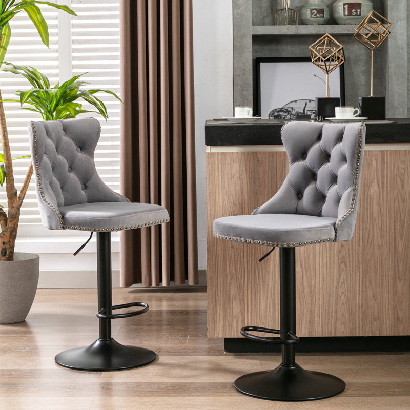 Velours gris réglable - de 2, siège de 25 à 33 pouces de hauteur, confortable, base de 17,7 avec tiroirs faits à la main pour tabourets de bar rembourrés à la maison, gris, siège de 25 à 33, base stable, rivets martelés à la main