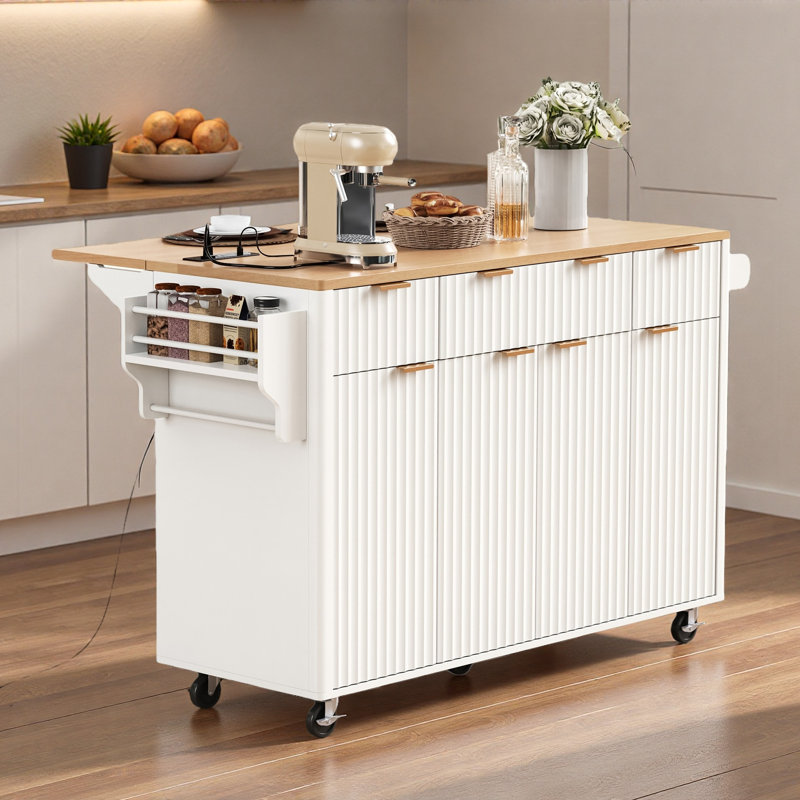 Fluted Kitchen Island With Storage (Not Include Stools)