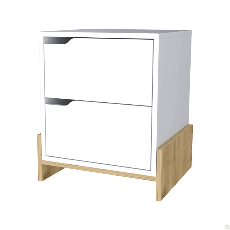 Table de chevet 2 tiroirs, Blanc / Brun