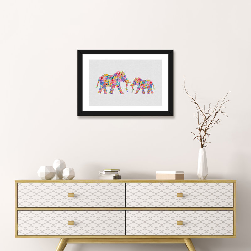 Floral Elephants - impression d'art graphique, H 16 po x l 24 po x P 1 po, Papier encadré noir