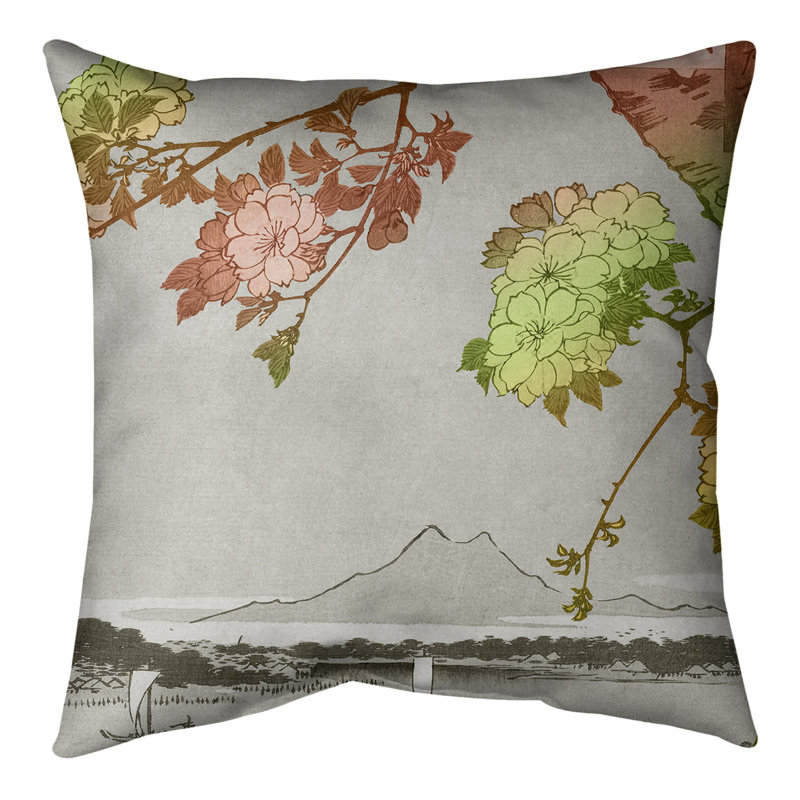 Coussin décoratif à fleurs sur le fleuve, 20 po x 20 po, Rouge / dégradé vert, Sergé de coton