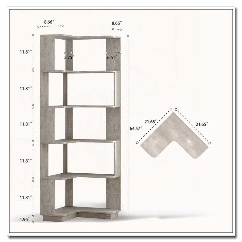 6 Tier Freestanding L-Shaped Corner Bookshelf For Living Room, Light Gray