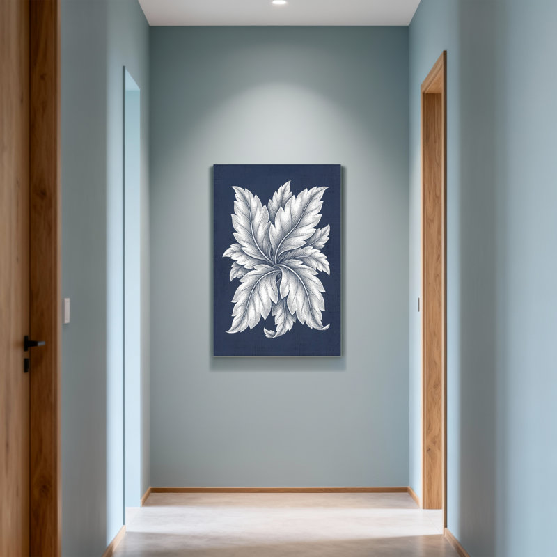 Plantes et fleurs, motif de feuille d'argent sur fond bleu marine, H 24 po x l 16 po