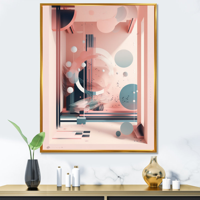 Art doux du milieu du siècle II - bleu doux et rose, H 32 po x l 16 po x P 1 po, Toile avec cadre flottant or