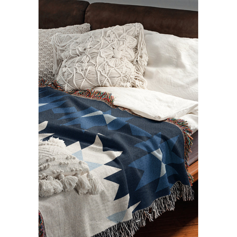Shako South Western Cotton Blend Blanket Throw, Blue/Off-White, 60" L x 50" W