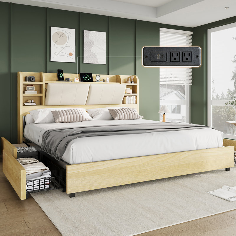 Billericay 47.2" King Size Bookcase Upholstered Bed Frame With 4 Storage Drawers,Maple, Brown