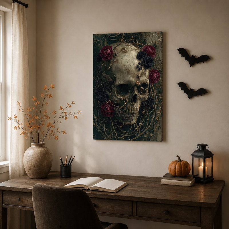 Impression sur toile, crâne gothique avec des roses de Bourgogne et des mites noires, H 36 po x l 24 po