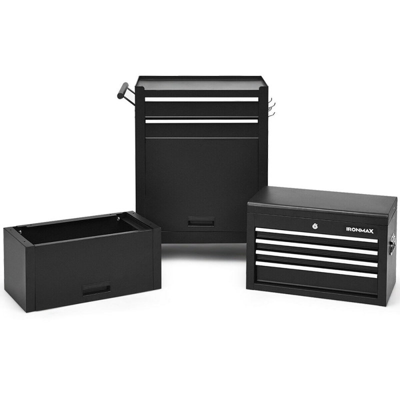 Coffre à outils roulant à 6 tiroirs avec armoire relevable et coffre supérieur verrouillable, noir, Noir