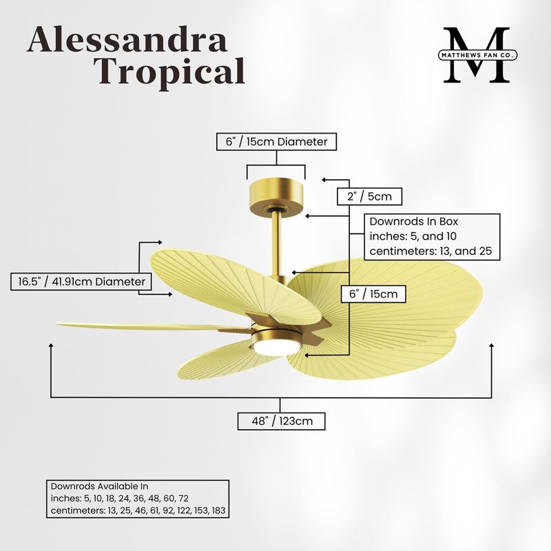 Alessandra Tropical - Five Blade Ceiling Fan - Integrated LED -Matte Black Finish -Light Blue Blades, Brushed Brass