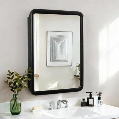 Armoire à pharmacie 17,5 po x 26 po avec miroir en bois noir, meuble-lavabo encastré ou mural avec tablettes de rangement